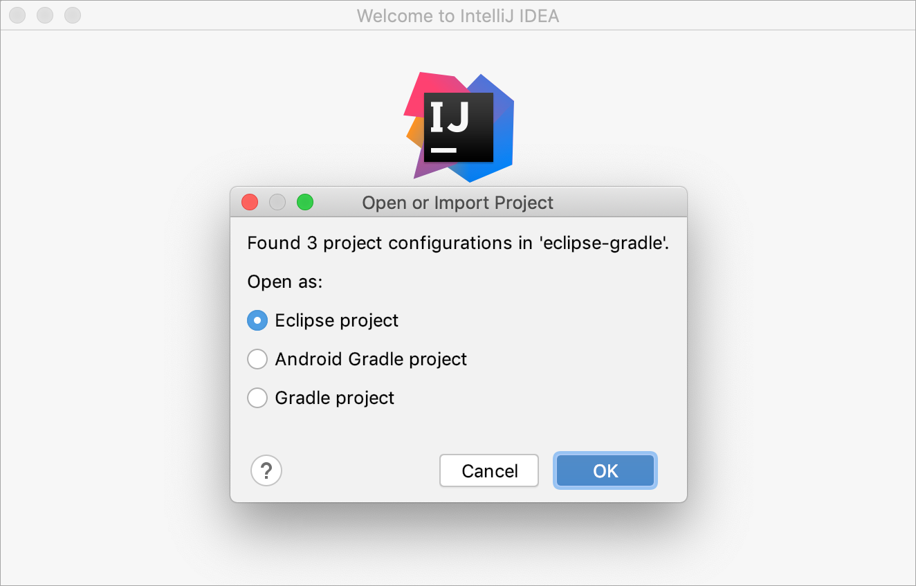 Dialog that prompts you to select how you want to import the project