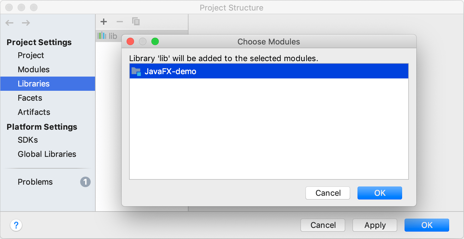 Adding the JavaFX library in the Project Structure dialog