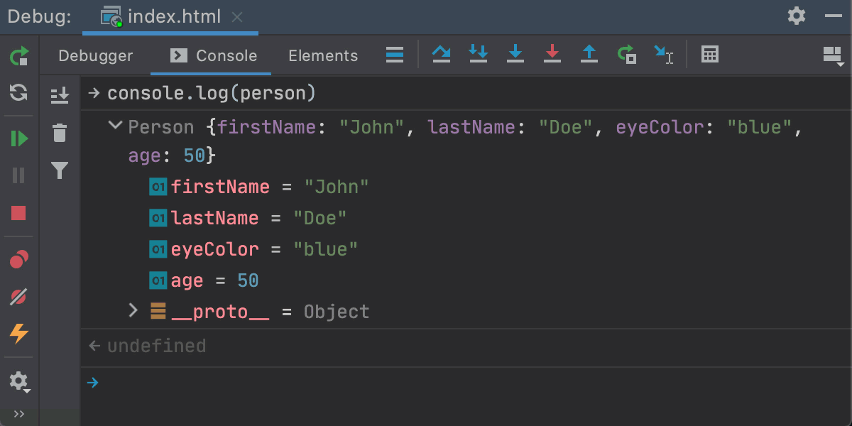 JavaScript interactive debugger console shows an object in a tree view