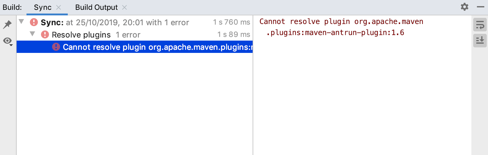 Build tool window: Error message