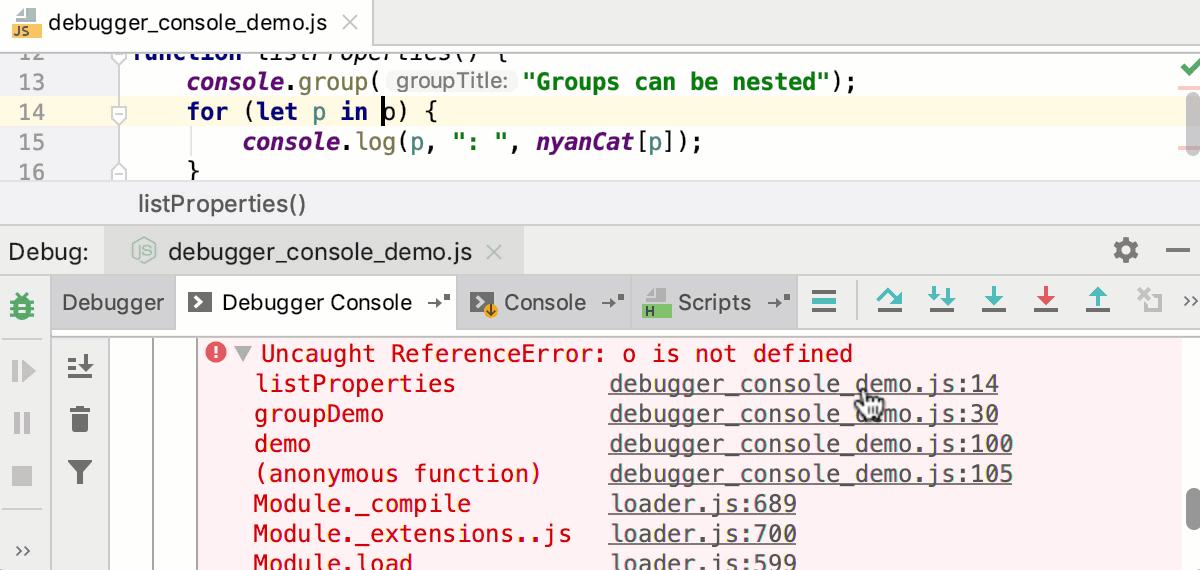 Node.js interactive debugger console: navigation to errors