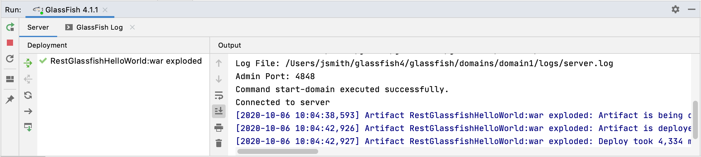 Started GlassFish server and deployed application in the Run tool window