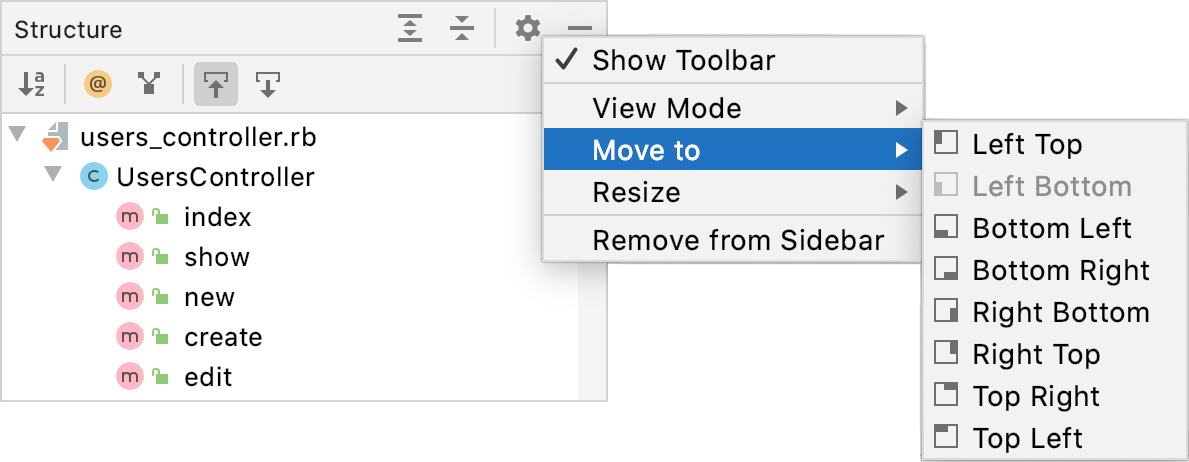 Tool window options menu: Move to
