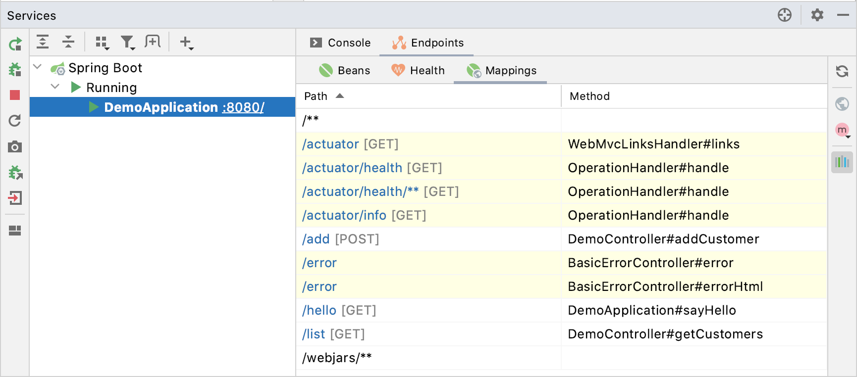 Spring Boot Mappings endpoints tab