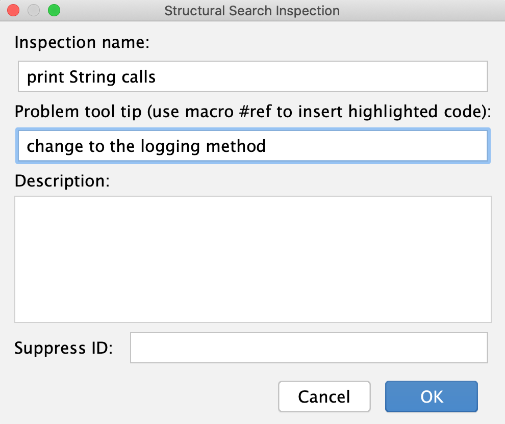 the Structural Search Inspection dialog
