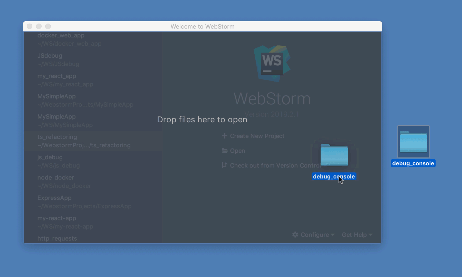 Creating a new WebStorm project by dragging a folder to the Welcome Screen