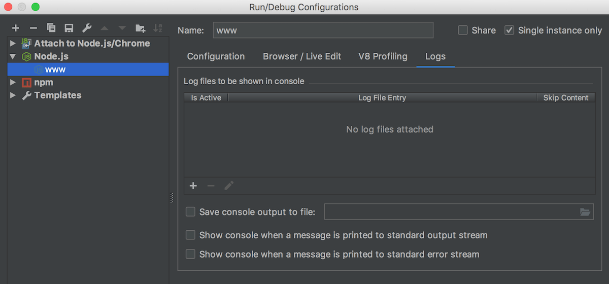Node.js run/debug configuration: Log tab