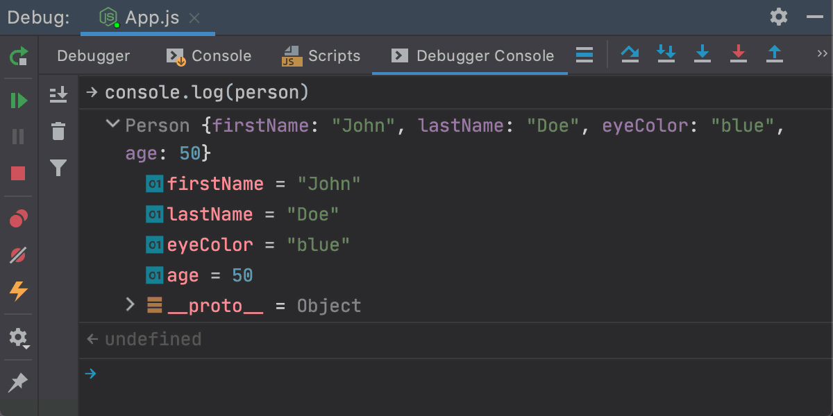 Node interactive debugger console: run JavaScript code
