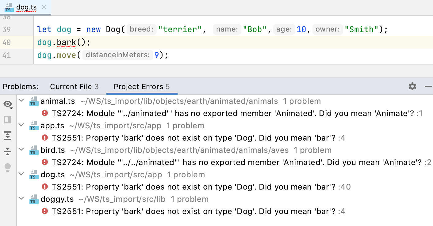 TypeScript tool window, Errors tabs shows syntax errors