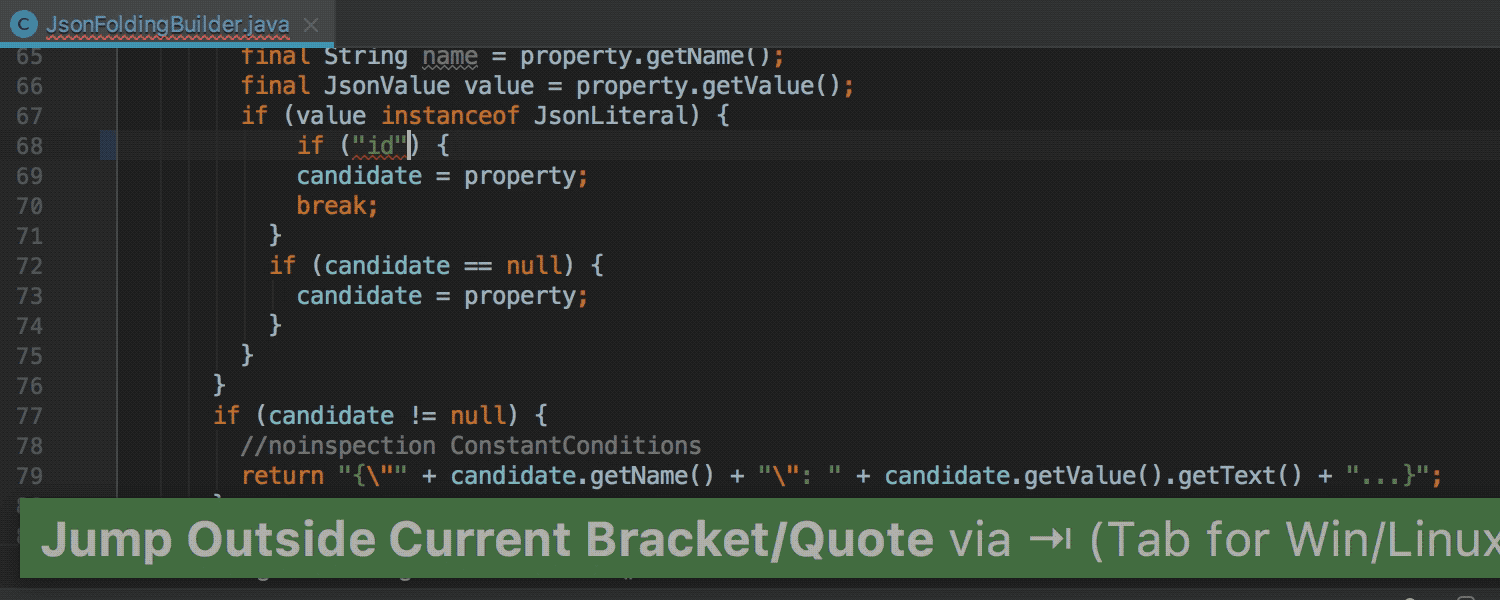 Tab now takes you outside the closing bracket or quote