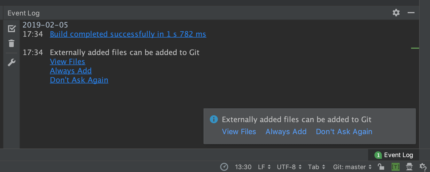 The IDE suggests adding files copied externally to VCS