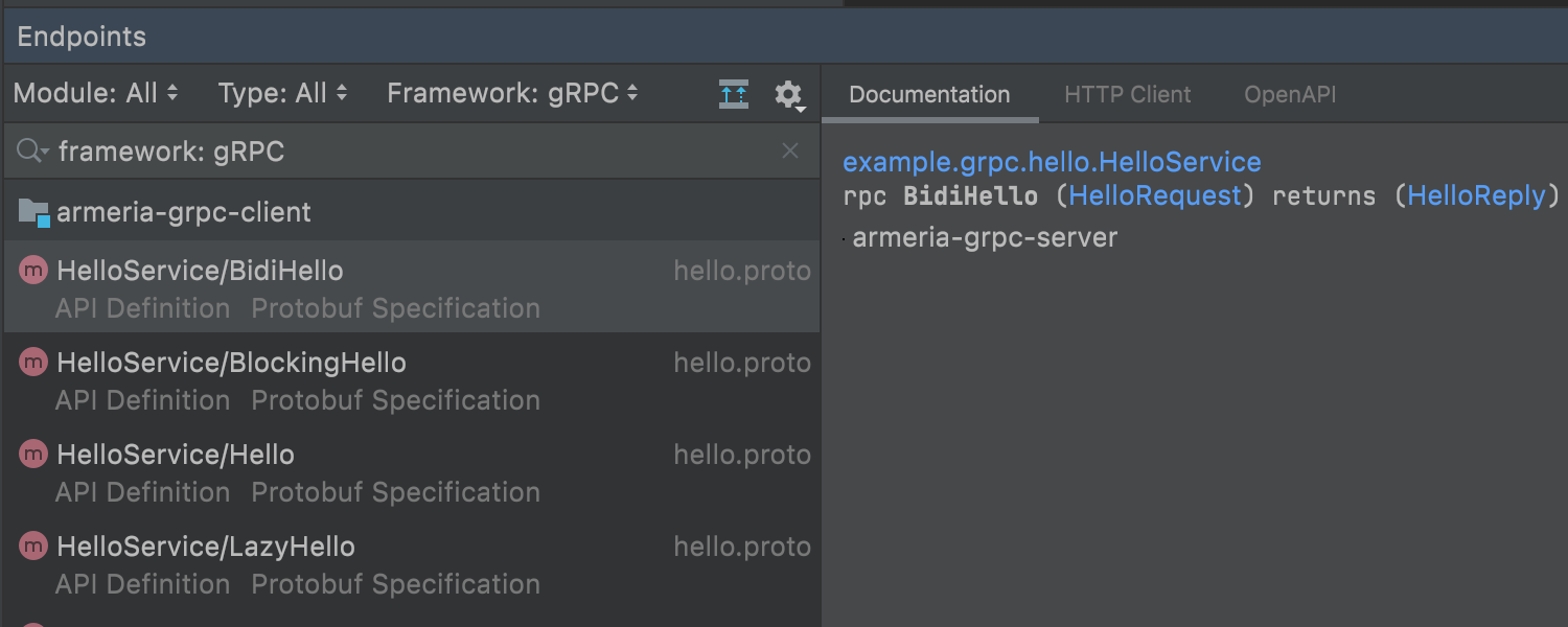 gRPC endpoints displayed in the Endpoints tool window