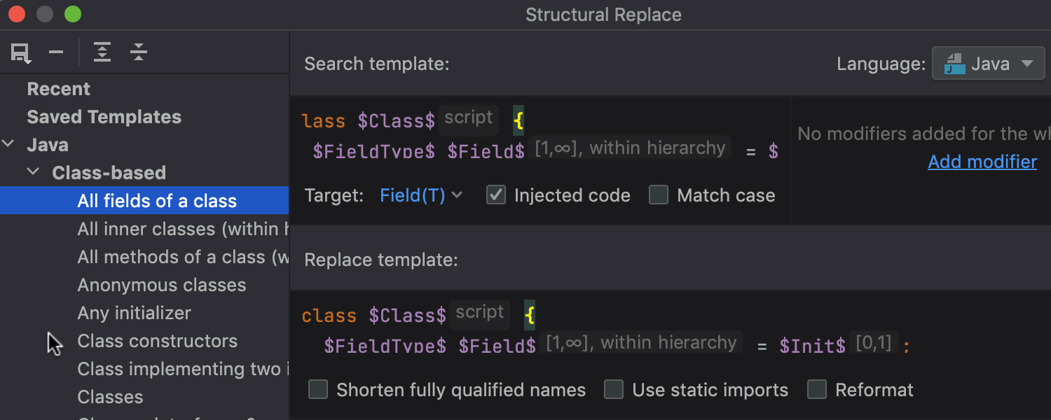 New Structural Search and Replace dialog