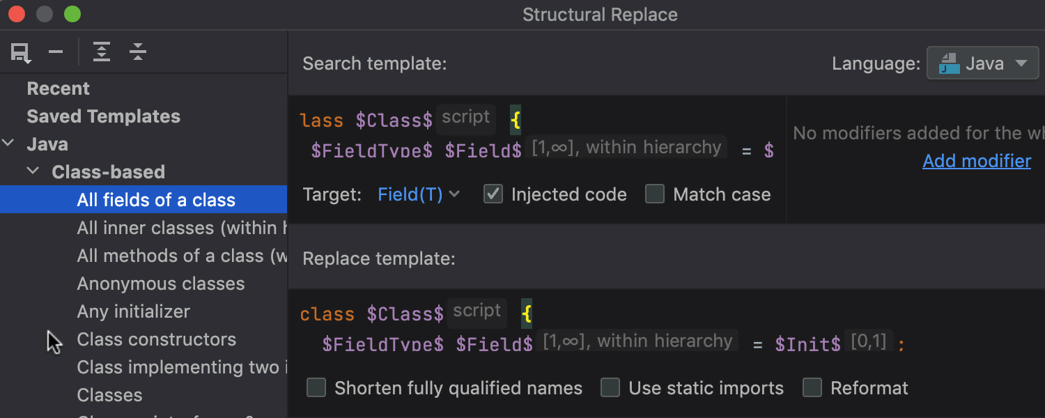 新しい Structural Search and Replace（構造検索＆置換）ダイアログ