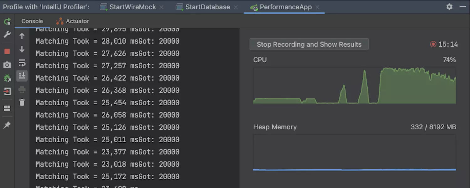 剖析性能时可用的 CPU 和“堆内存”图表