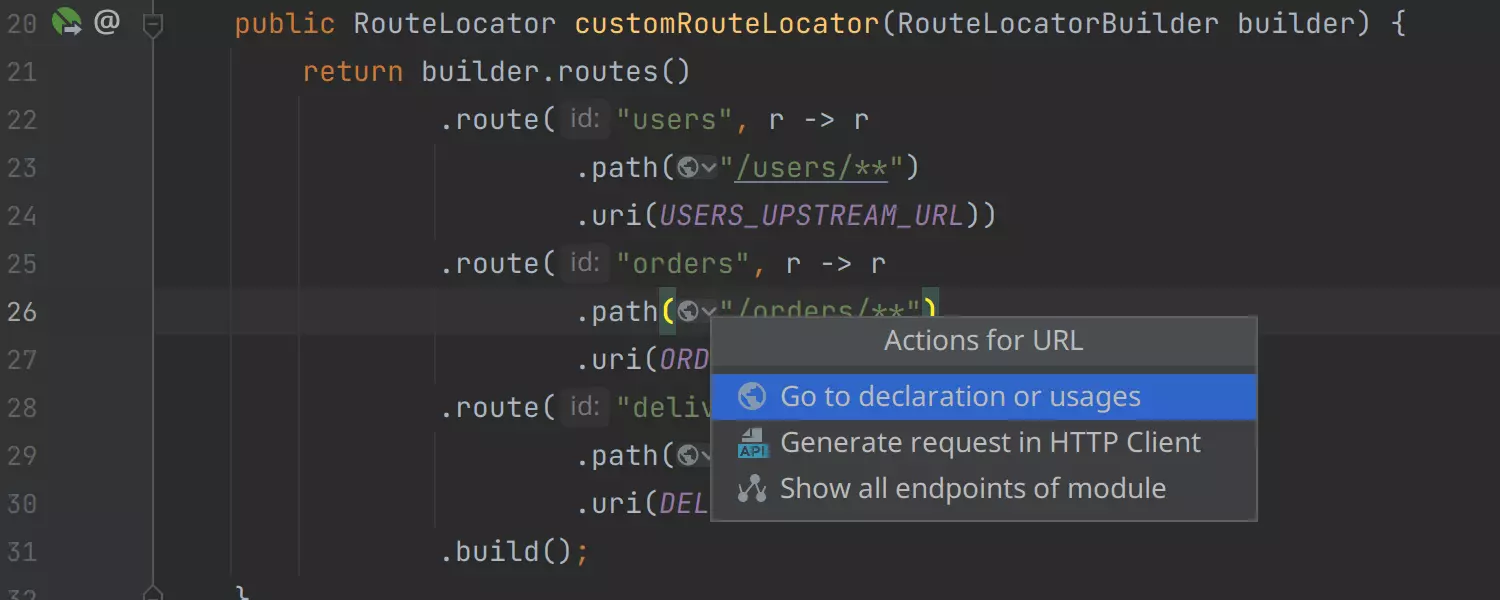 Finalización de URL y navegación para las rutas de Spring Cloud Gateway