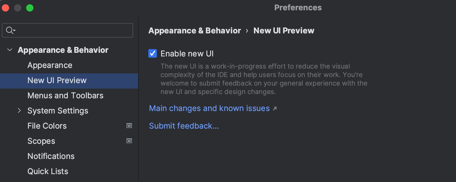 新しい IntelliJ IDEA UI を設定で利用可能