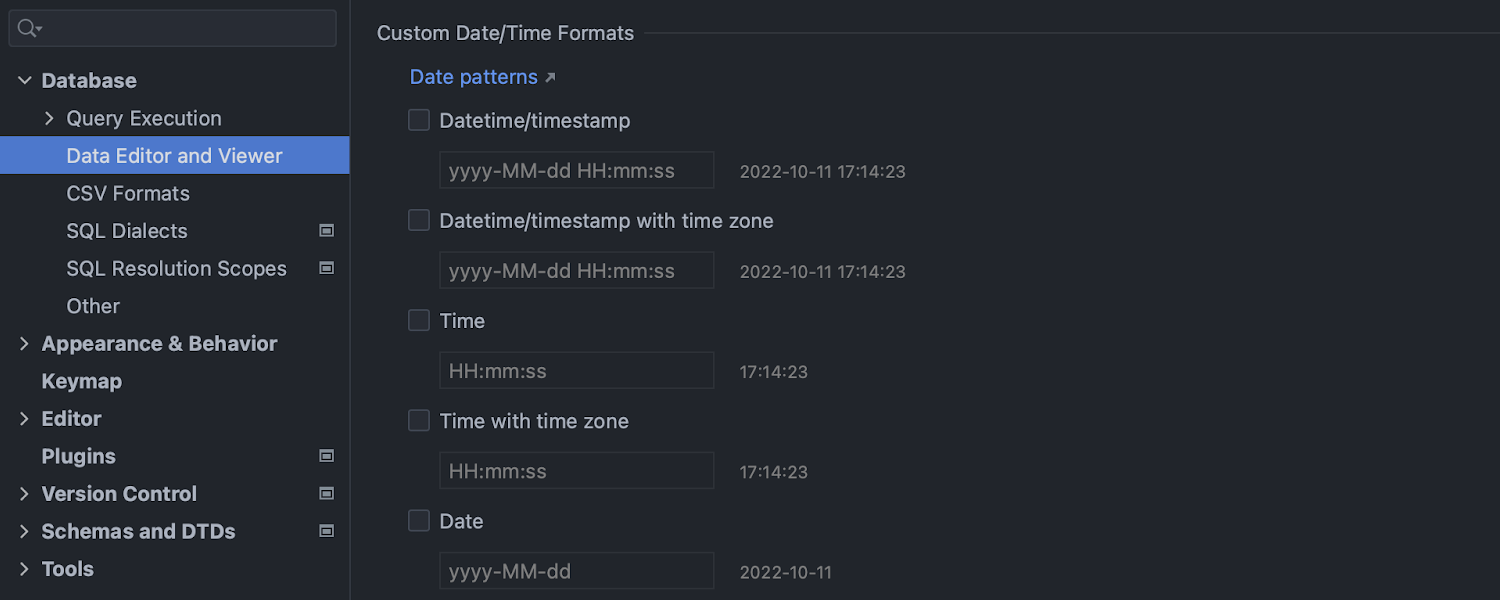 Formats for date and time data types in the data editor