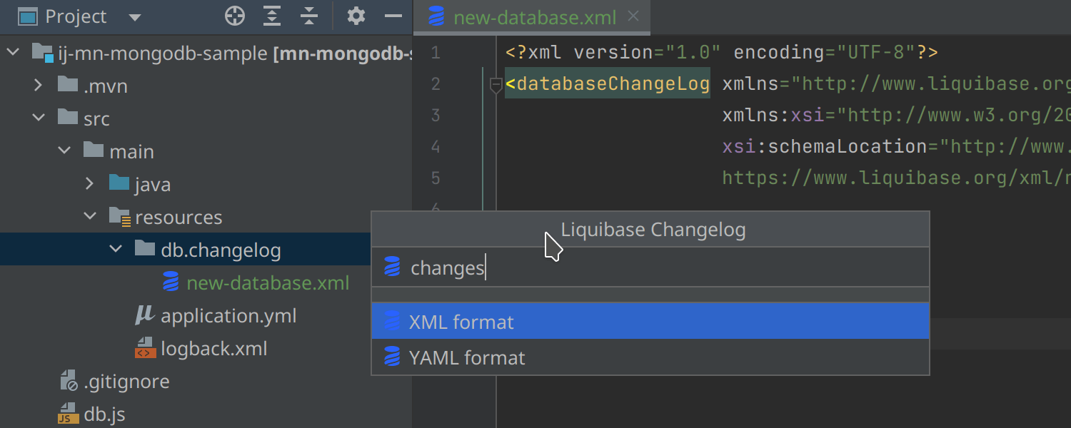 Code insight improvements for Liquibase