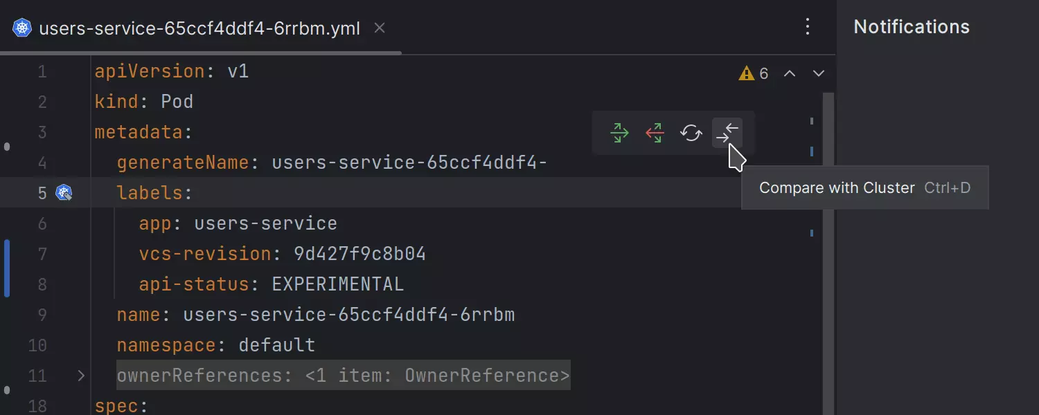 Color-coded change markers for Kubernetes resources loaded from cluster