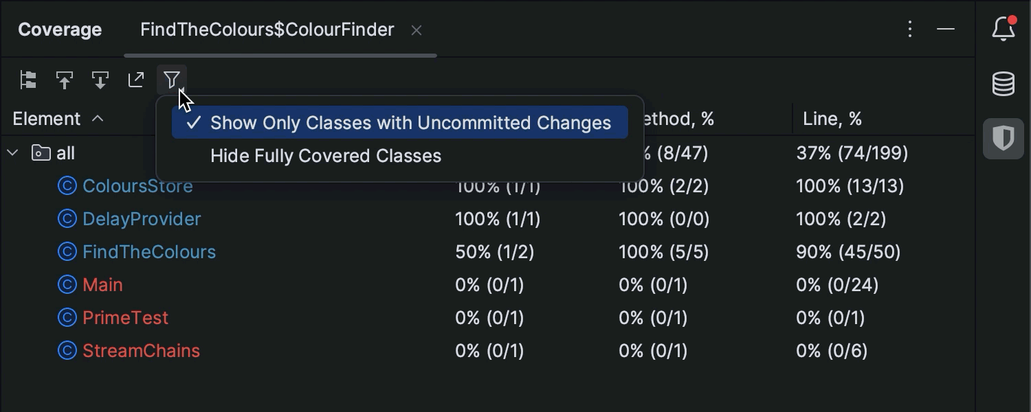 Option to filter classes in the Coverage view