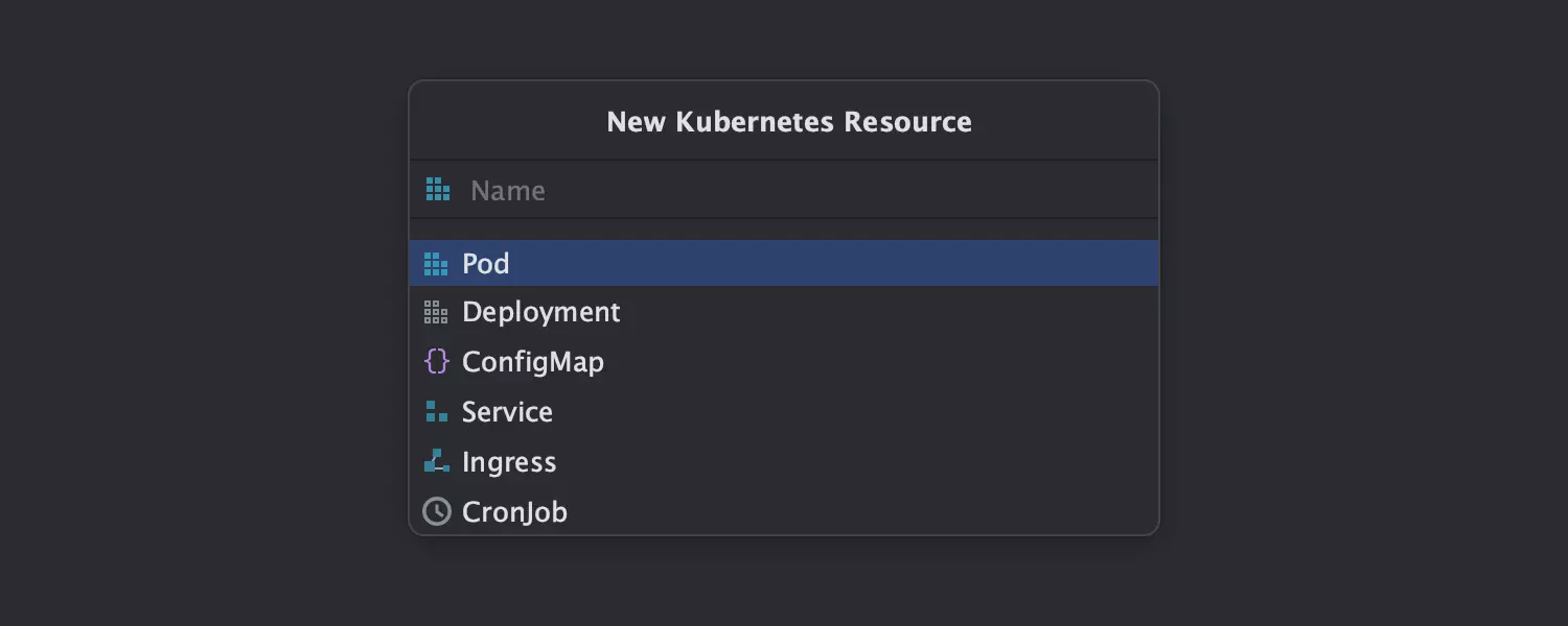 New Kubernetes Resource（新建 Kubernetes 资源）弹出窗口中的文件模板