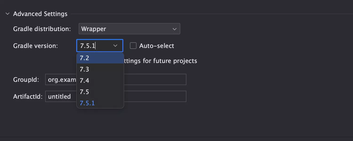 Opción para especificar la versión de Gradle en la creación del proyecto