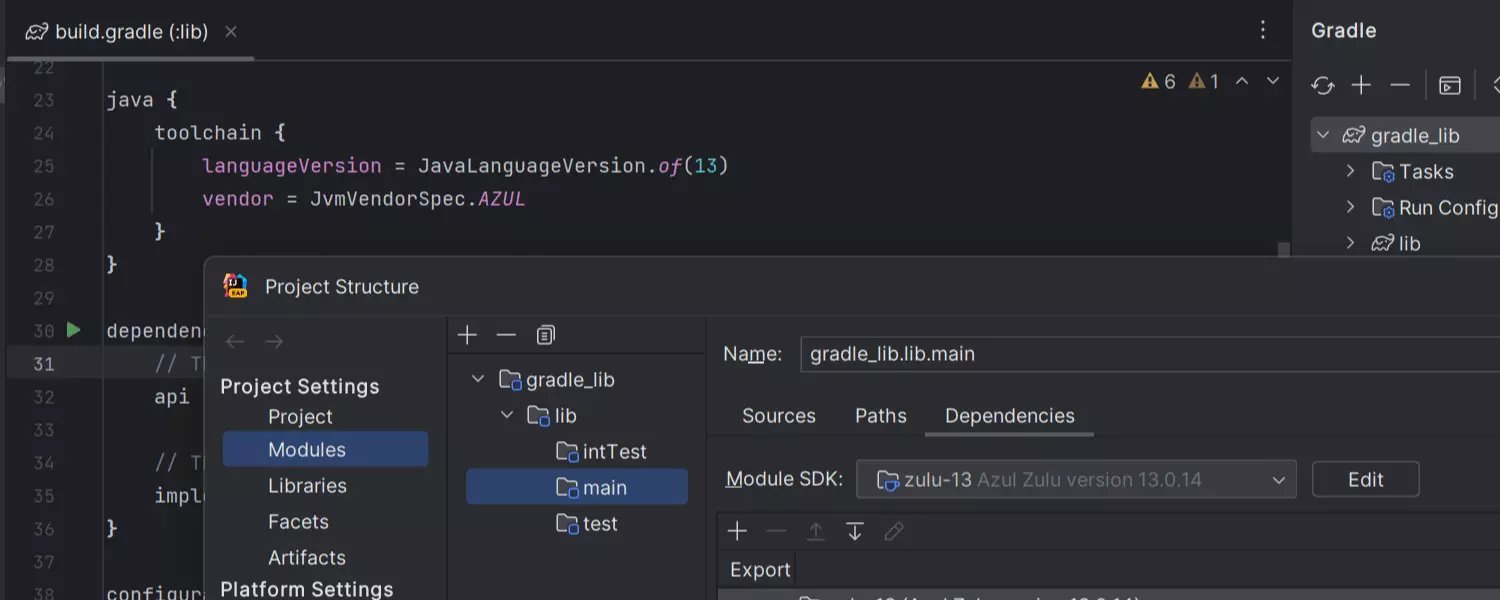 Java SDK detected from the Gradle toolchain