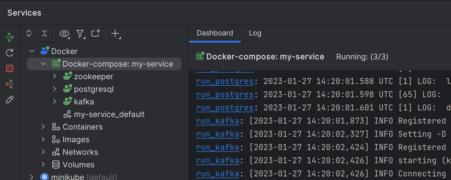 Merged logs from all Docker Compose containers