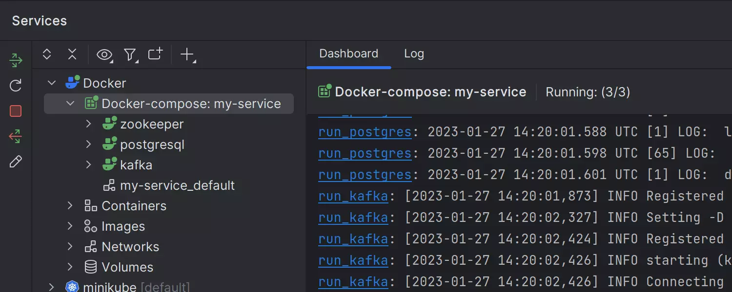 Merged logs from all Docker Compose containers