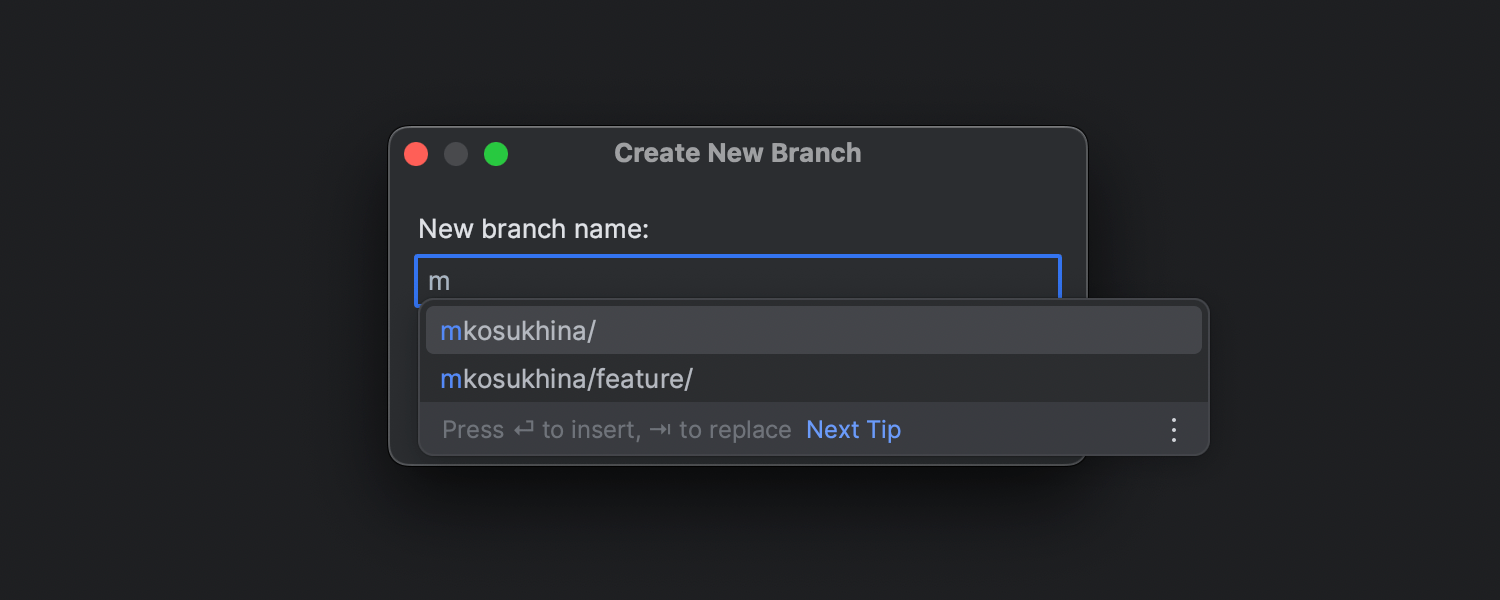 Auto-completion in the Create New Branch popup