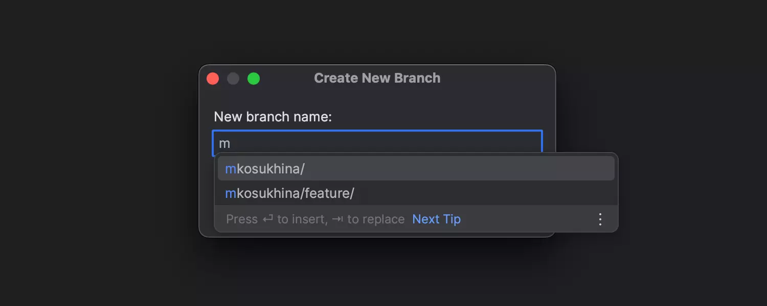 Auto-Completion im Popup Create New Branch