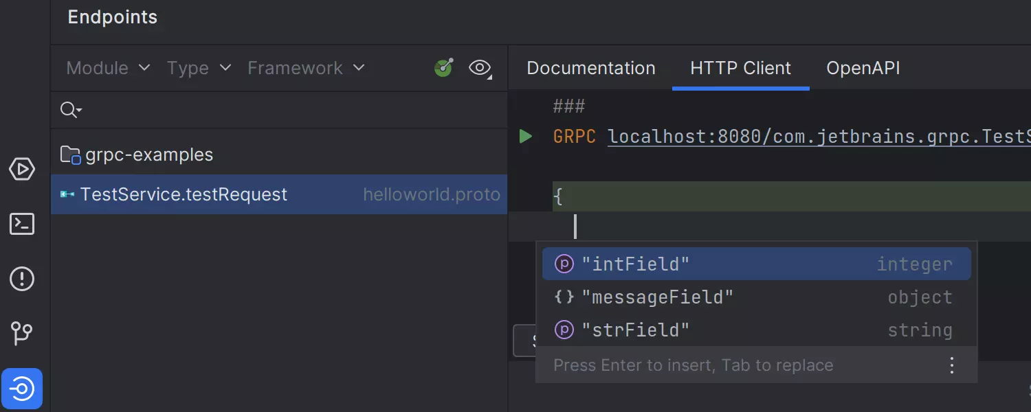 Possibilité d'exécuter des requêtes GRPC à partir de la fenêtre d'outils Endpoints