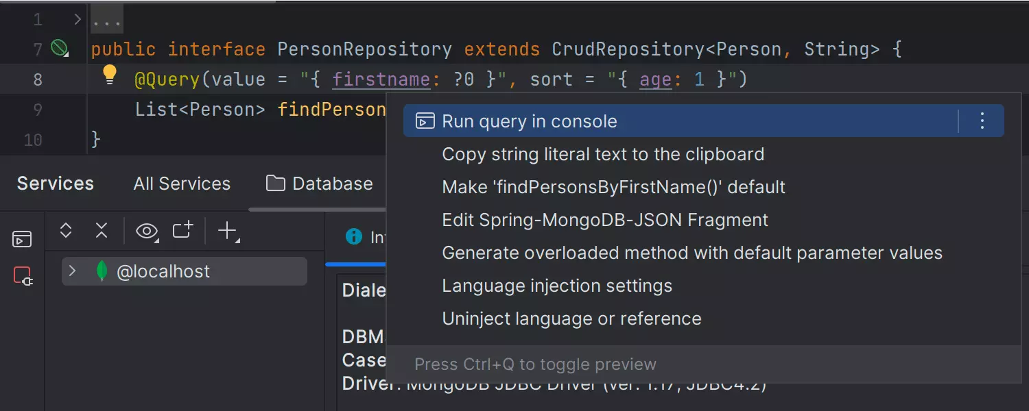 Capacidade de executar consultas do MongoDB no console Database a partir de repositórios Spring e Micronaut Data