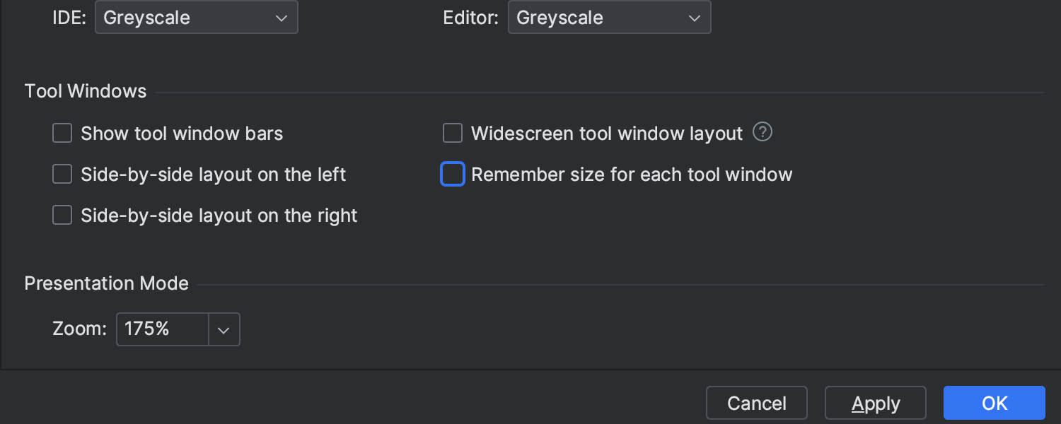 New Remember size for each tool window setting