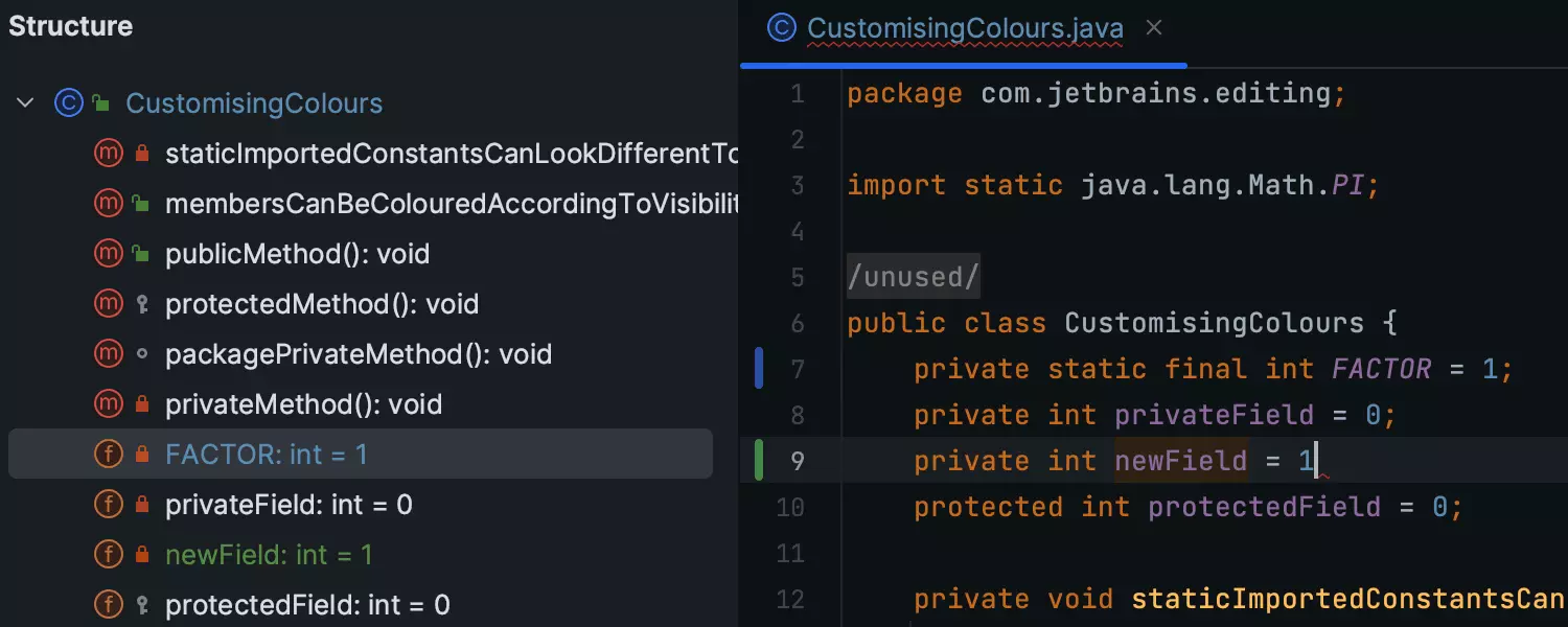 Dicas de cores de status do VCS na janela da ferramenta Structure