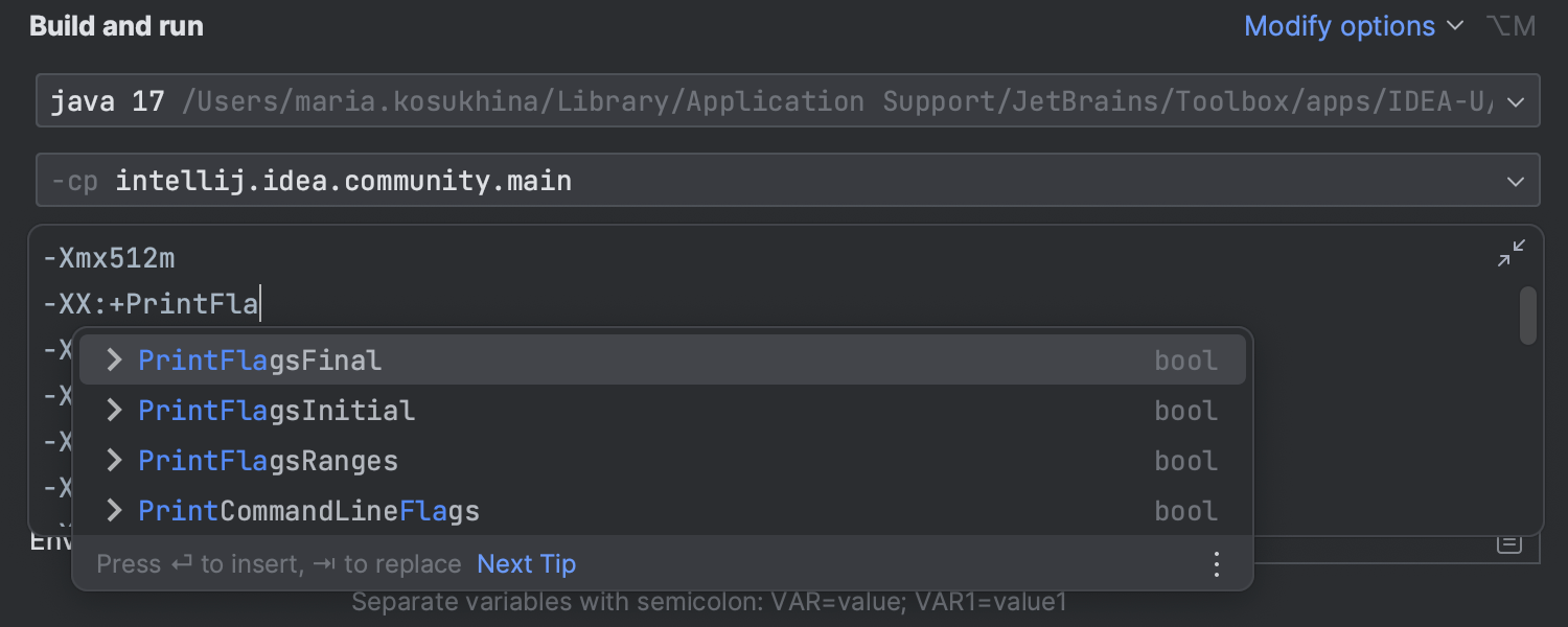 Auto-completion in the VM Options field