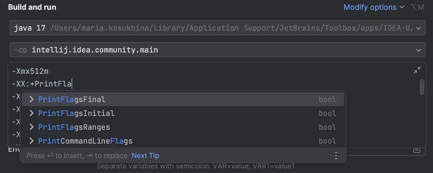 Complementação automática no campo VM Options