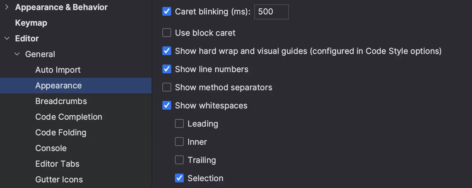 Opção para mostrar espaços em branco apenas no código selecionado