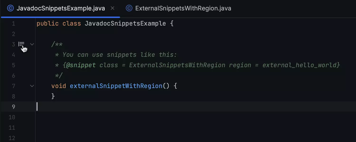 Suporte aprimorado para a tag @snippet em comentários Javadoc