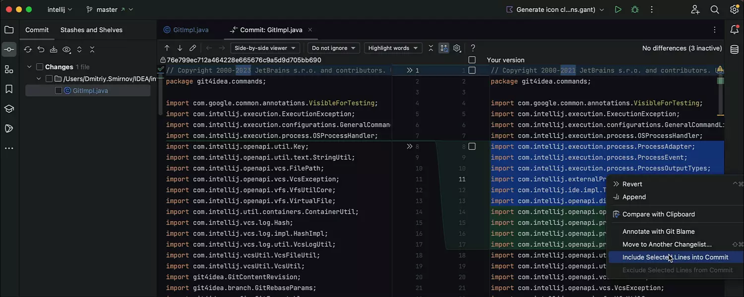 Opção para fazer o commit de linhas específicas de código