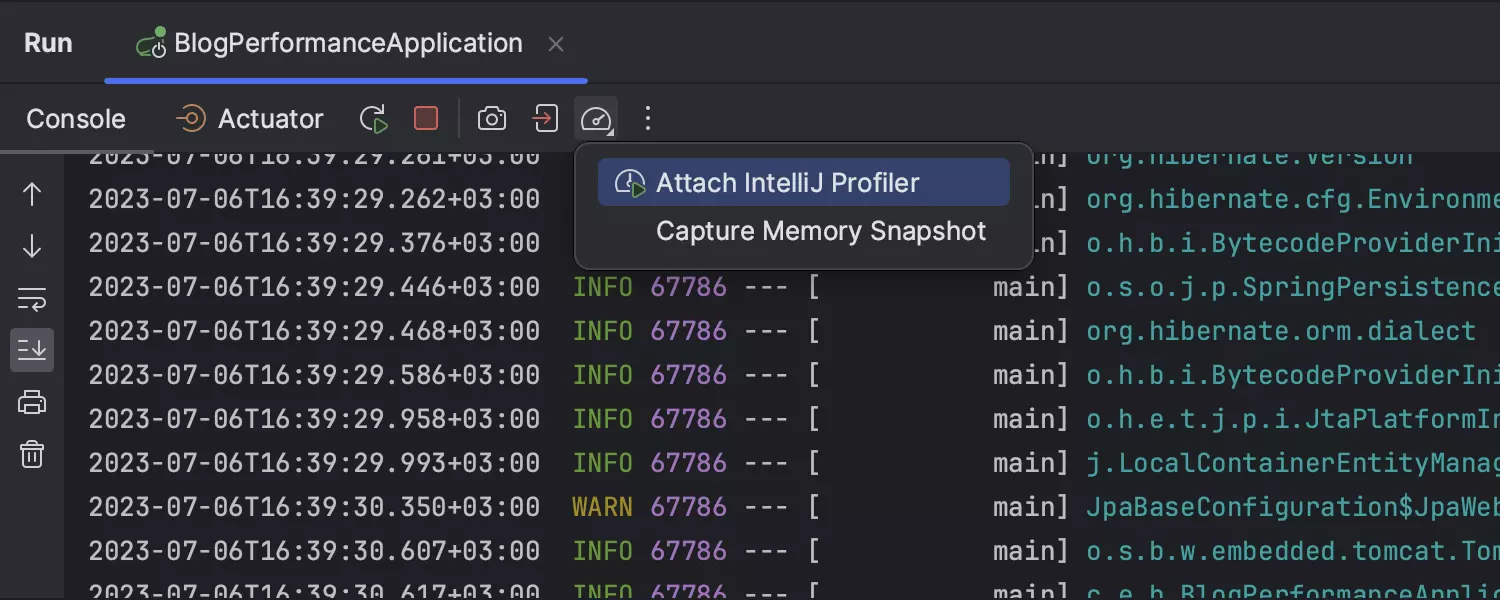 Funcionalidades de generación de perfiles disponibles en la ventana de herramientas Run