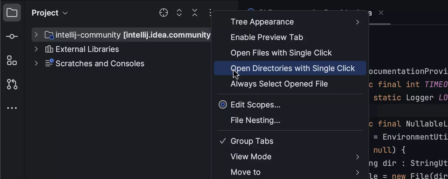 Single-click navigation between project directories