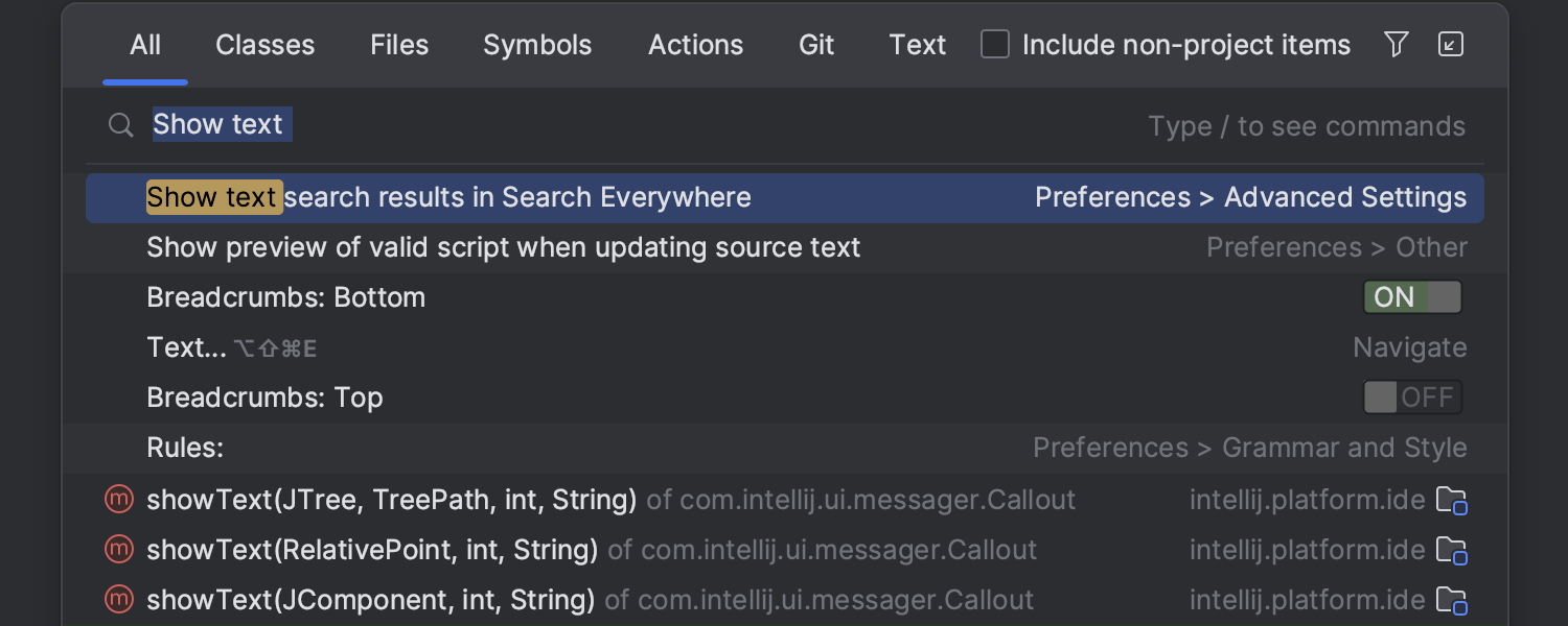 Text search in Search Everywhere