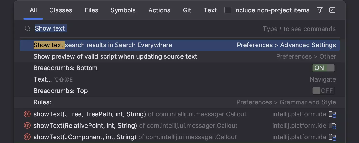 Text search in Search Everywhere