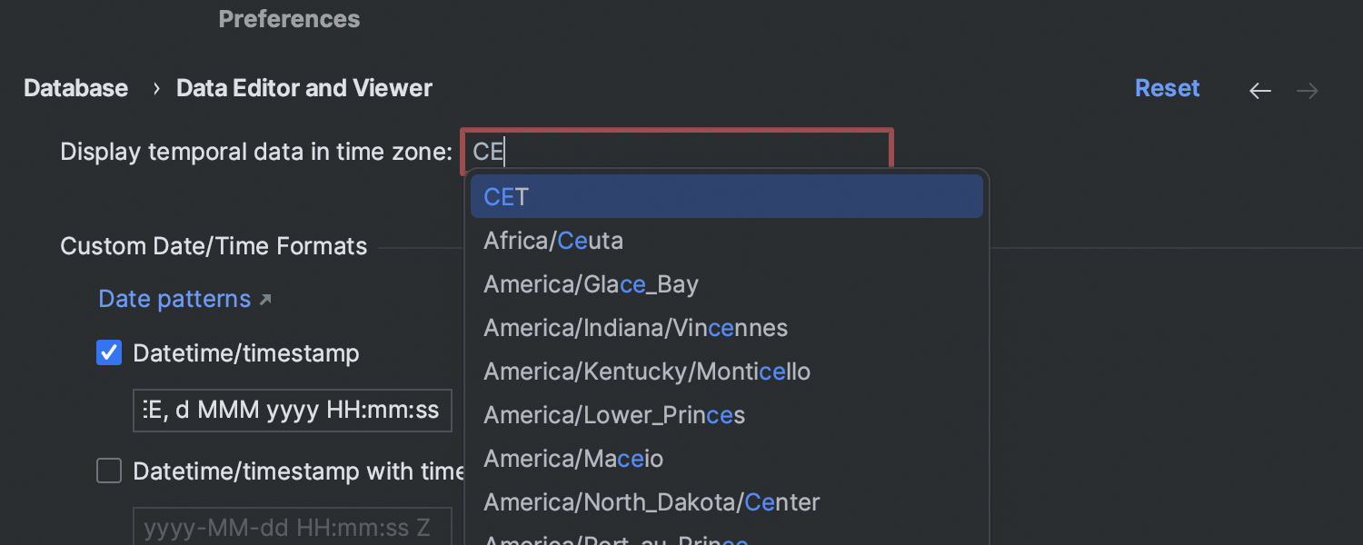 Time zone setting for the data editor