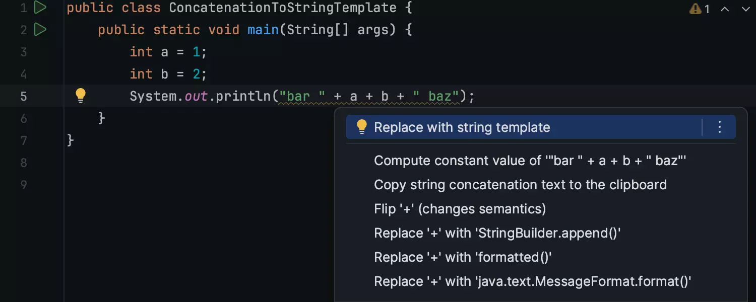 Inspection for migrating from string concatenation to string templates