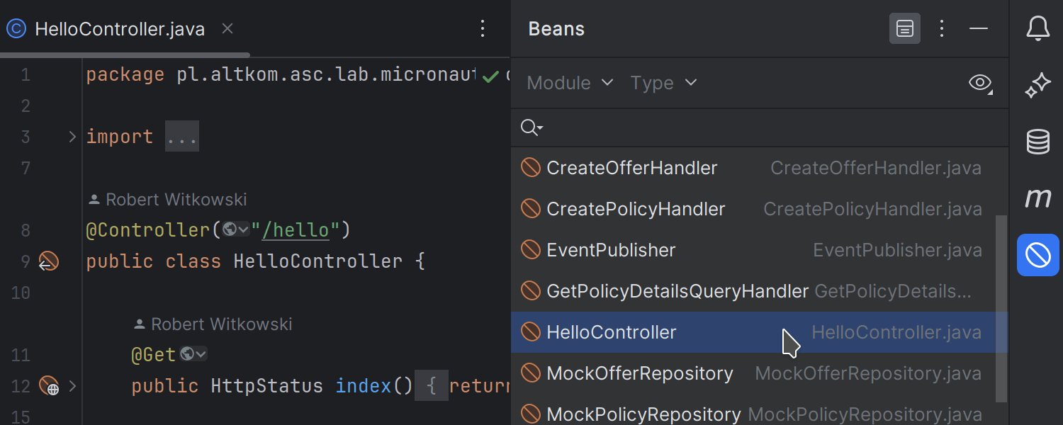 Quarkus and Micronaut beans in the Beans tool window