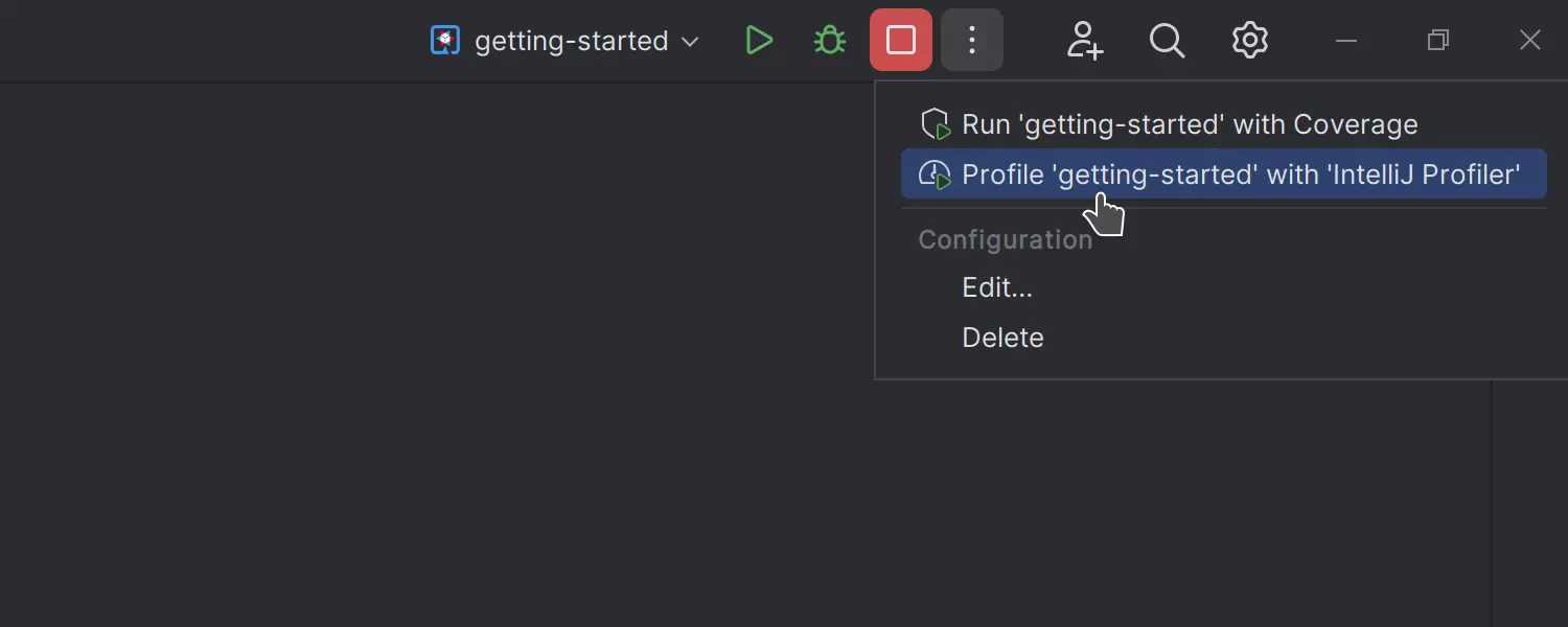 Run with Coverage e Profile with IntelliJ Profiler disponíveis para projetos Quarkus