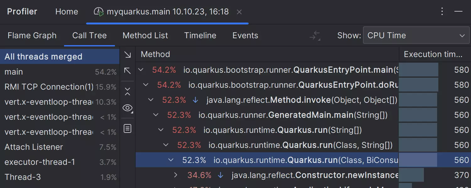 Run with Coverage et Profile with IntelliJ Profiler disponibles pour les projets Quarkus